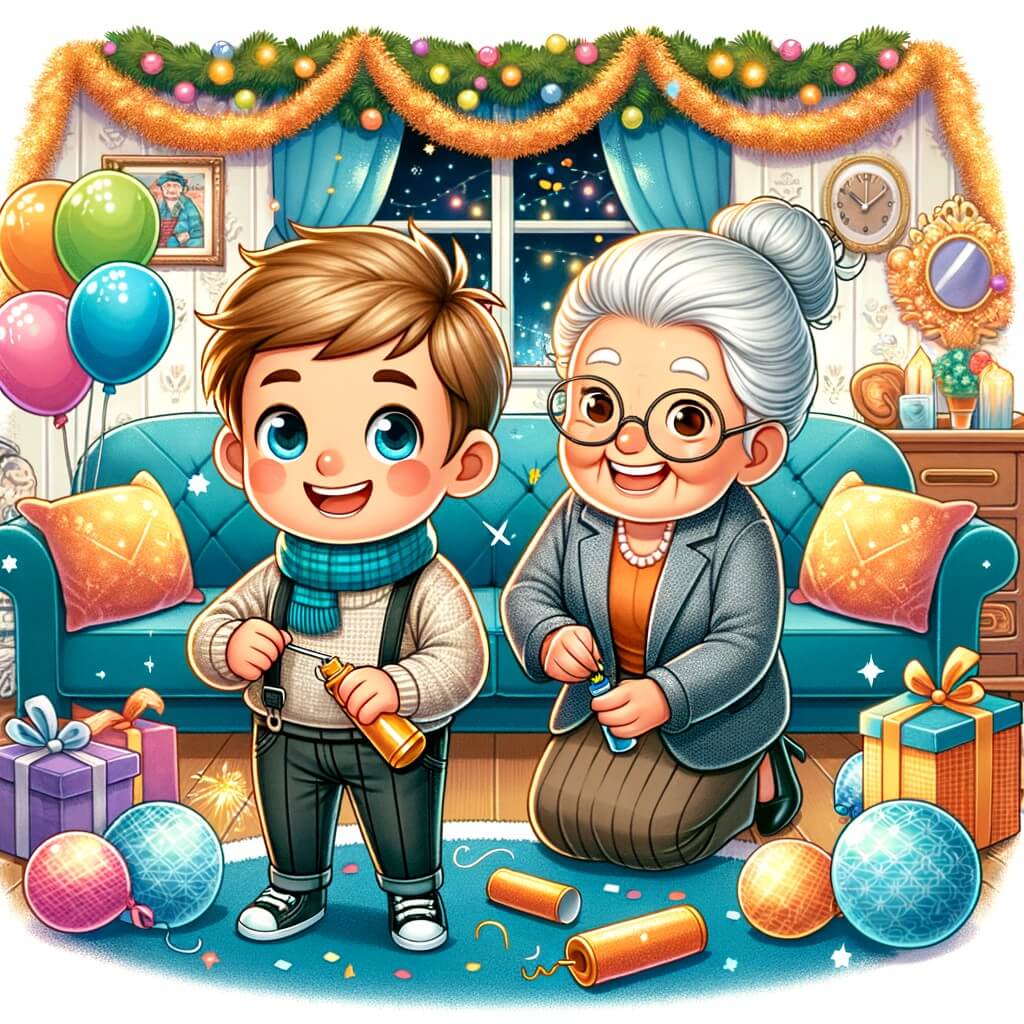 Une illustration destinée aux enfants représentant un petit garçon, plein d'excitation, préparant une soirée du réveillon du nouvel an, accompagné d'une vieille dame souriante, dans un salon décoré de guirlandes scintillantes et de ballons colorés.