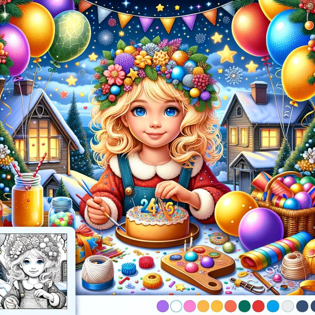 Une illustration pour enfants représentant une petite fille blonde et heureuse qui se prépare pour célébrer le Nouvel An avec sa famille et ses amis dans une maison à la campagne.