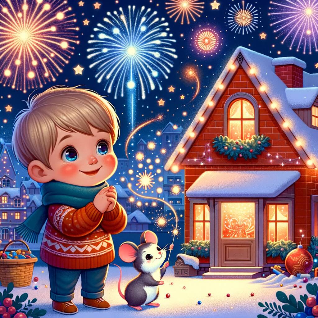Une illustration destinée aux enfants représentant un petit garçon plein d'excitation lors de la fête du nouvel an, accompagné d'une souris magique, dans une maison remplie de lumières scintillantes et de feux d'artifice éclatants.