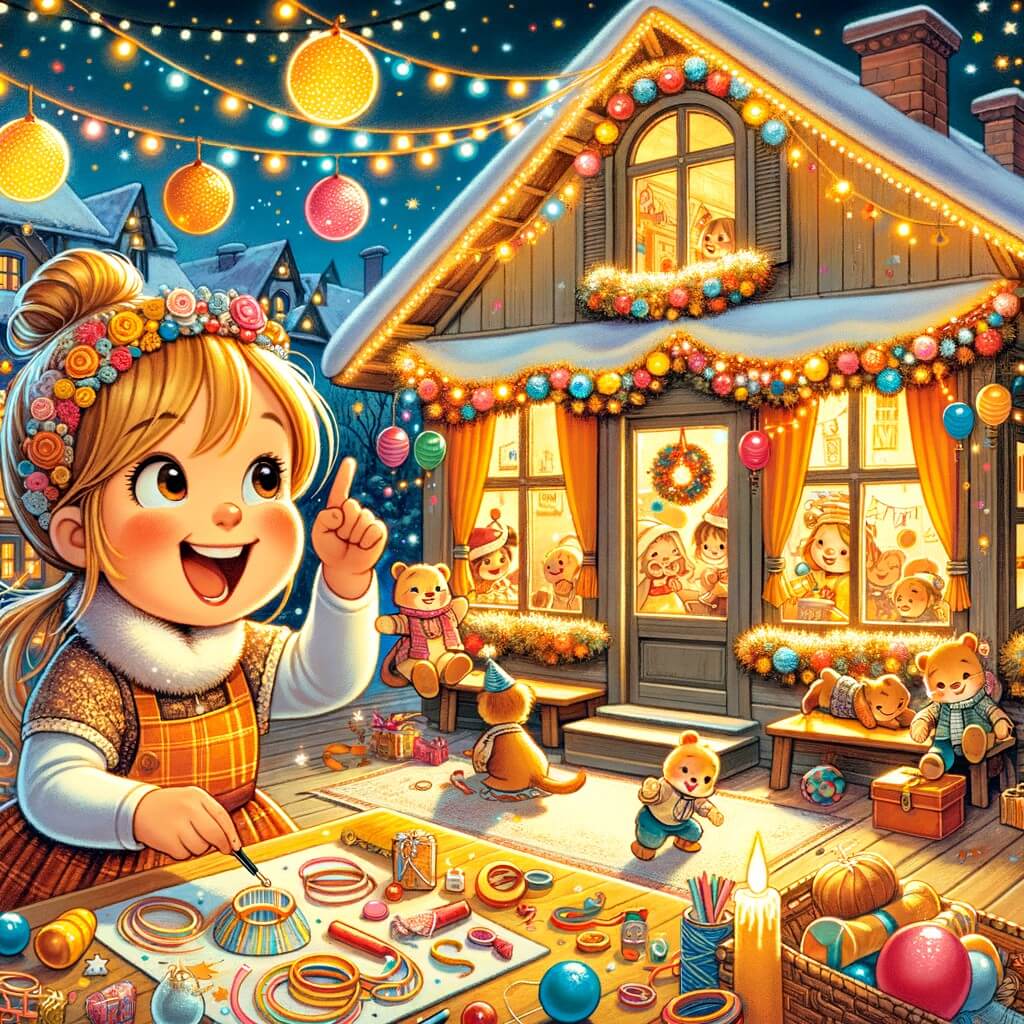 Une illustration pour enfants représentant une petite fille enthousiaste qui prépare un plan pour la soirée du réveillon du nouvel an avec ses amis dans sa maison remplie de musique et de rires.