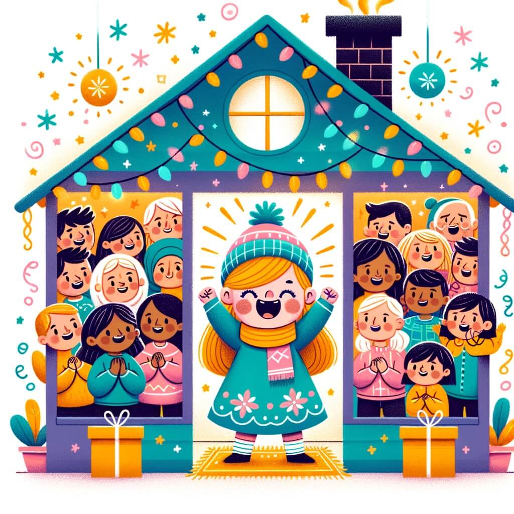 Une illustration destinée aux enfants représentant une petite fille pleine d'enthousiasme, entourée de ses amis et de sa famille, dans une petite maisonnette colorée et décorée de guirlandes scintillantes, célébrant joyeusement le réveillon du nouvel an.