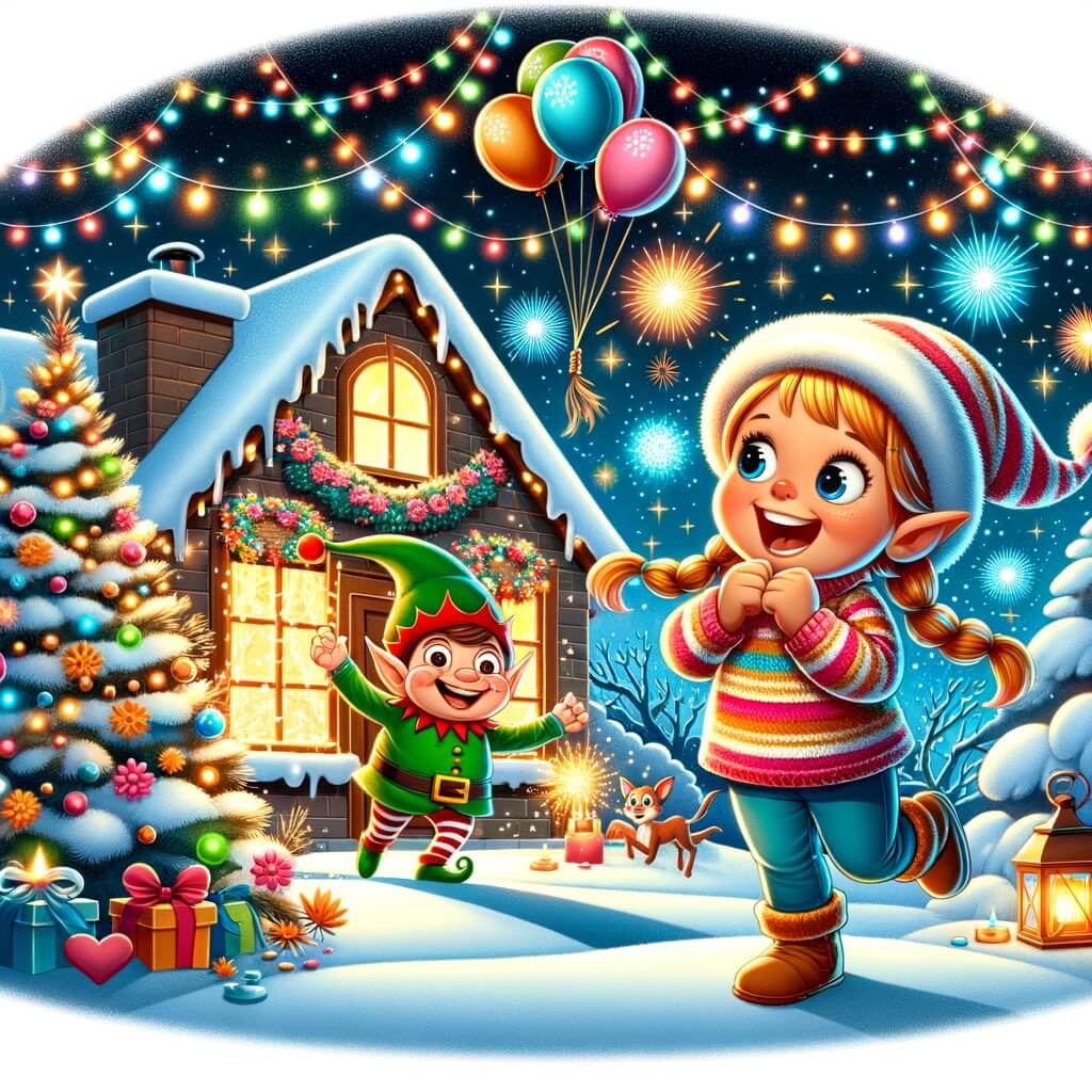 Une illustration pour enfants représentant une petite fille excitée à l'idée de passer le réveillon du nouvel an chez sa grand-mère, dans une maison décorée de guirlandes et de ballons colorés.
