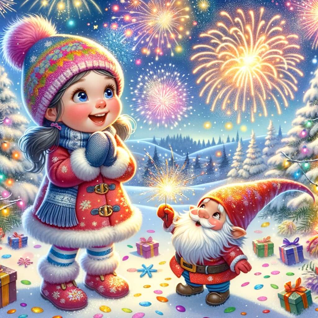 Une illustration destinée aux enfants représentant une petite fille émerveillée par les feux d'artifice lors de la fête du nouvel an, accompagnée d'un lutin malicieux, dans un paysage hivernal scintillant de neige et de confettis colorés.