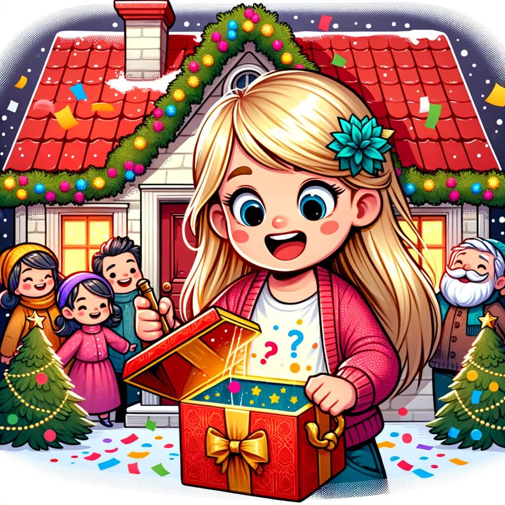 Une illustration pour enfants représentant une petite fille aux boucles blondes, pleine d'excitation, découvrant un mystère lors de la fête du nouvel an dans une maison au toit rouge vif.
