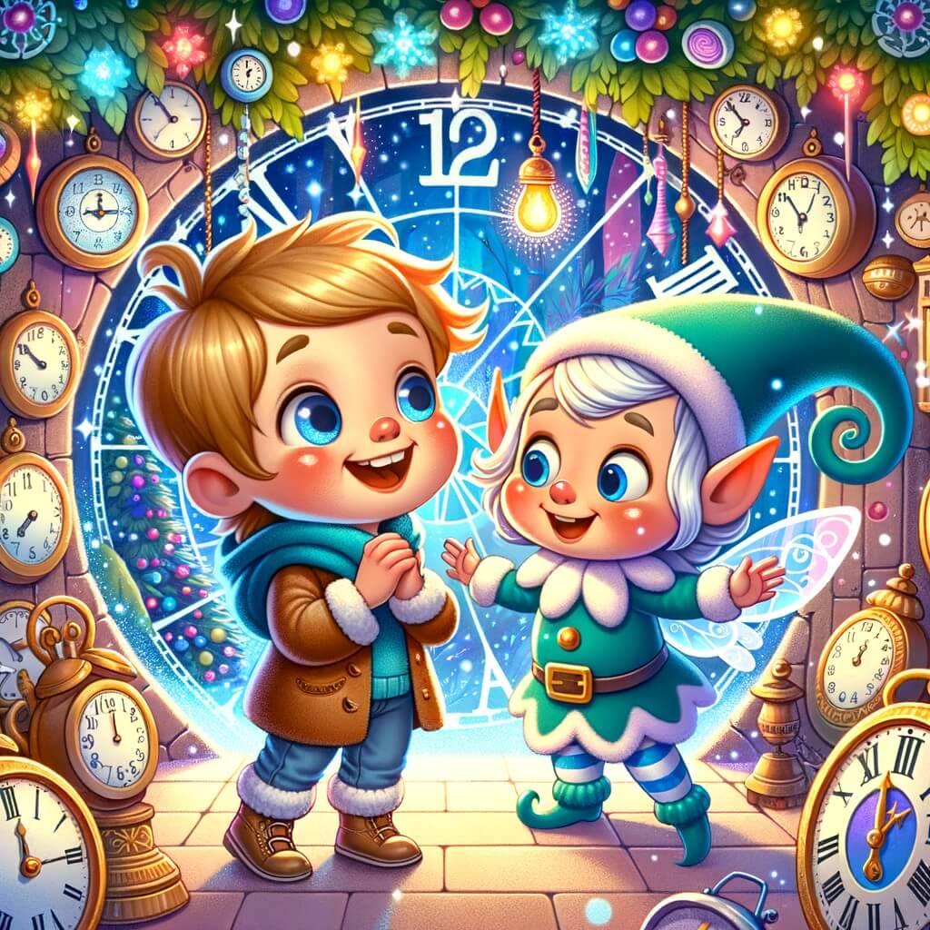 Une illustration pour enfants représentant un petit garçon curieux qui découvre les secrets du décompte du nouvel an lors d'une aventure mystérieuse dans la salle des horloges enchantée.