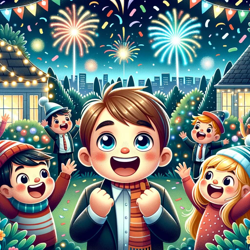 Une illustration destinée aux enfants représentant un petit garçon tout excité, entouré d'amis et de feux d'artifice, célébrant la fête du nouvel an dans un jardin rempli de lumières étincelantes et de confettis colorés.