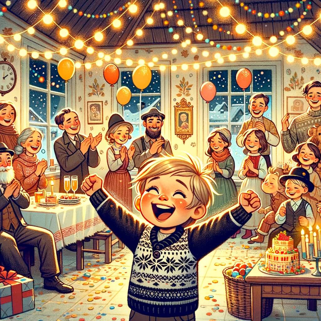 Une illustration destinée aux enfants représentant un petit garçon plein d'enthousiasme, entouré de sa famille et de ses amis, célébrant le réveillon du nouvel an dans une maison décorée de guirlandes scintillantes et de ballons colorés.
