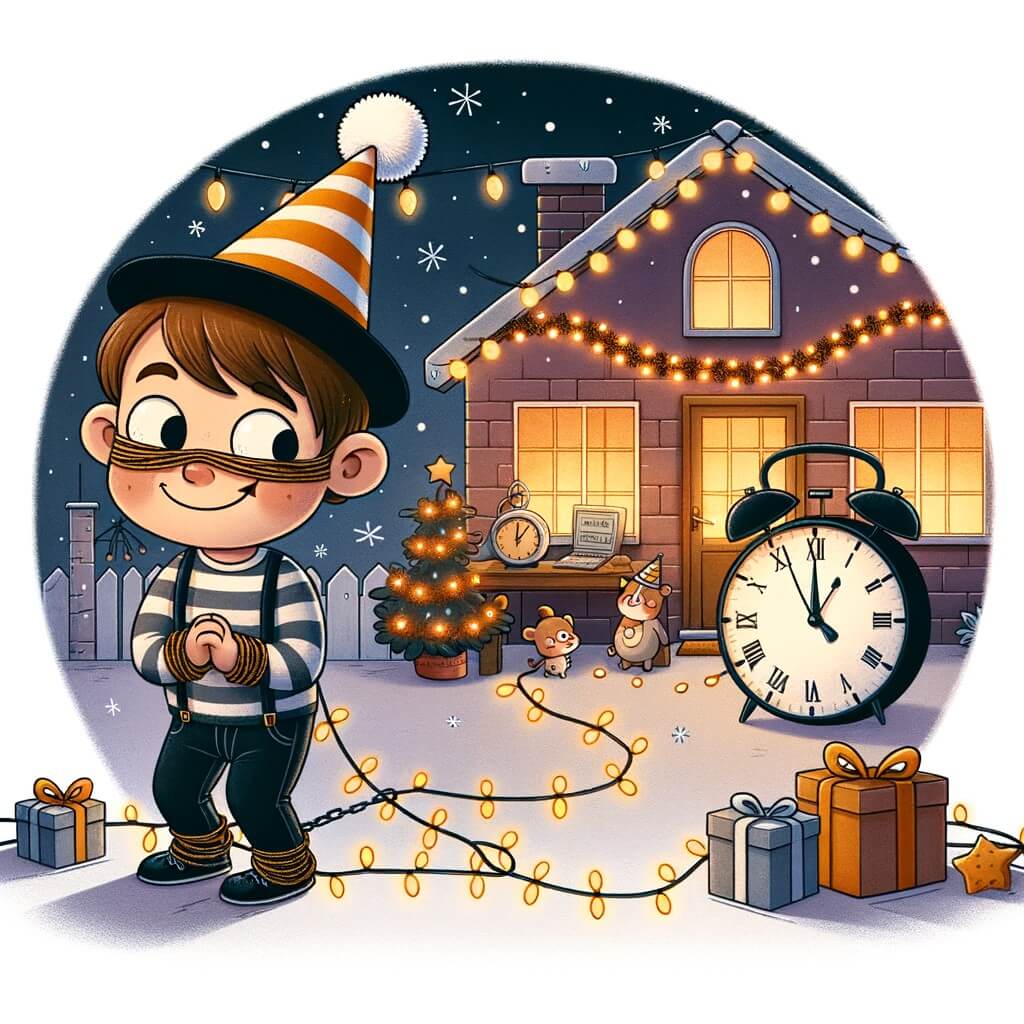 Une illustration pour enfants représentant un petit garçon malin et espiègle qui organise une fête du nouvel an avec ses amis, dans le confort de son foyer familial.