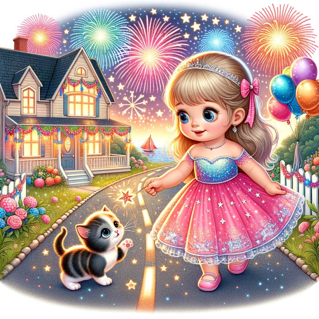 Une illustration pour enfants représentant une petite fille étincelante de bonheur, plongée dans une aventure enchantée lors du réveillon du nouvel an, dans la chaleureuse maison de sa grand-mère.