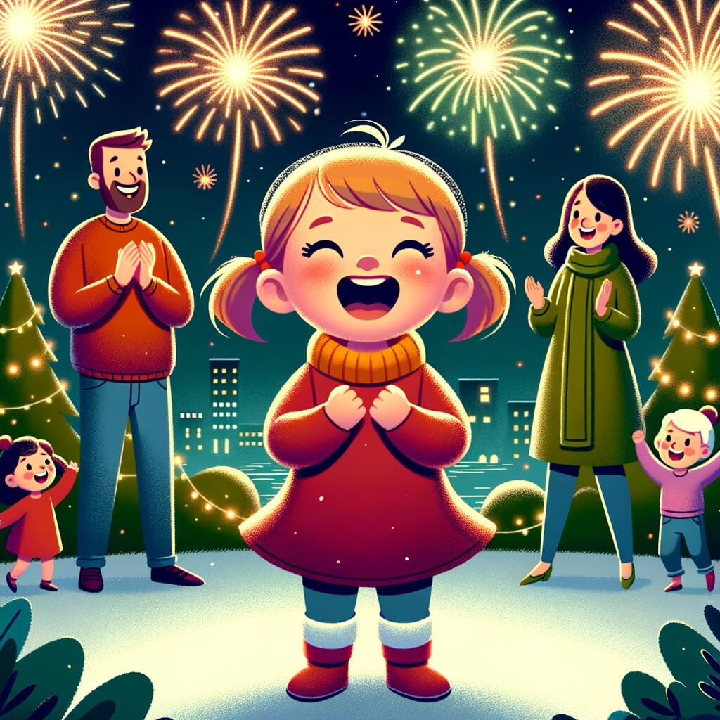 Une illustration destinée aux enfants représentant une petite fille pleine d'excitation, entourée de sa famille, dans un jardin illuminé par les feux d'artifice, lors de la fête du nouvel an.