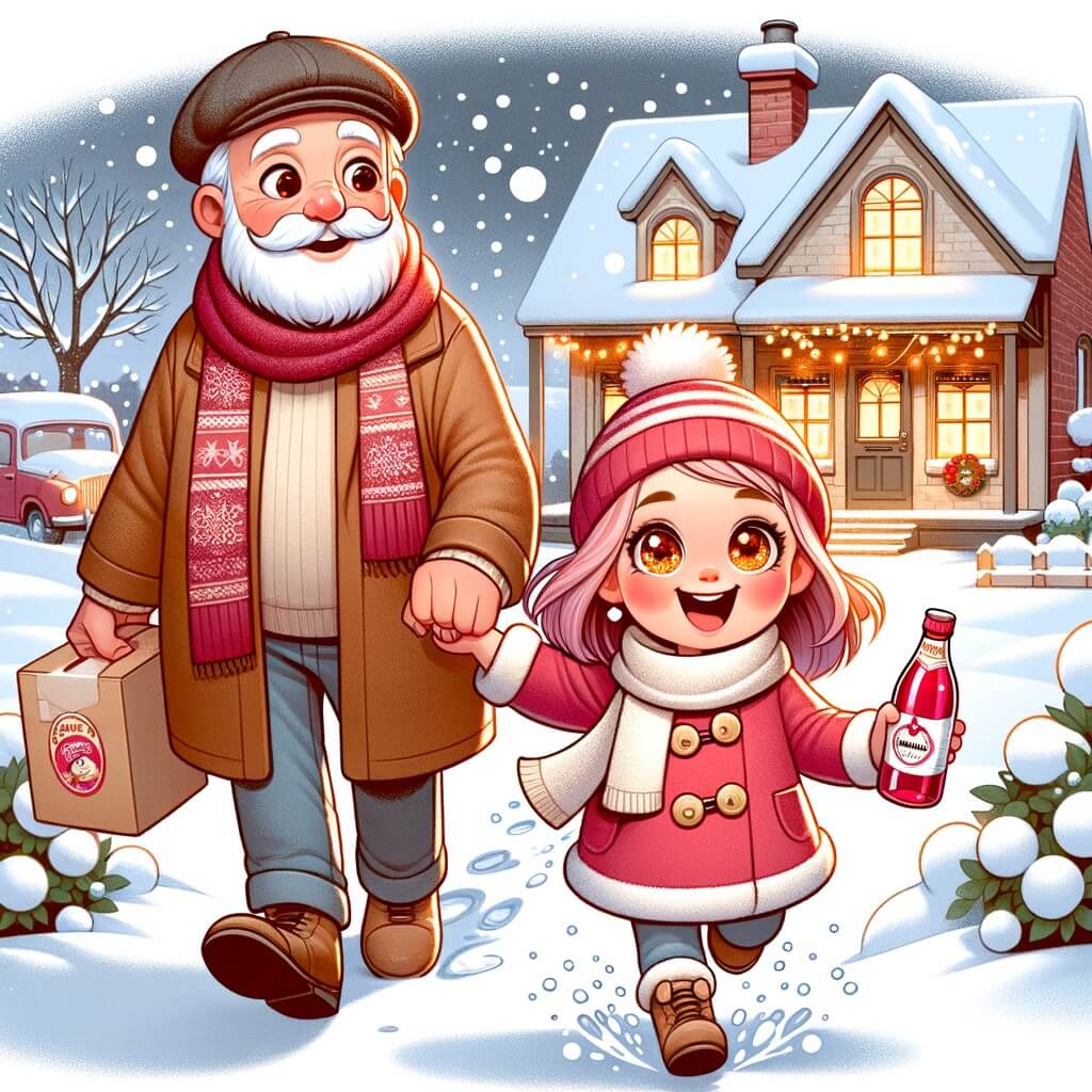 Une illustration pour enfants représentant une petite fille excitée qui souhaite passer le cap de la nouvelle année avec sa famille, dans une ambiance festive, à la maison.