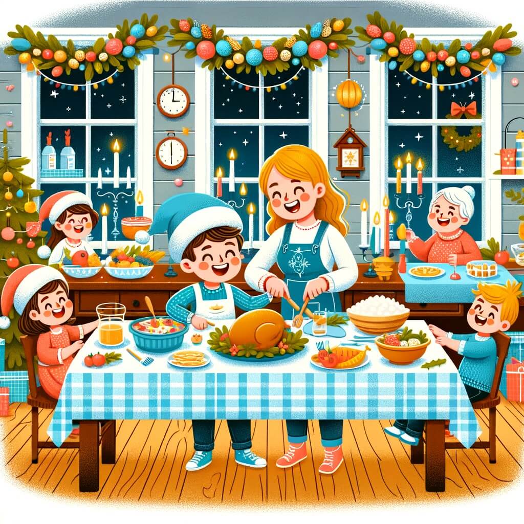 Une illustration pour enfants représentant un petit garçon plein d'enthousiasme préparant le réveillon du nouvel an avec sa maman, dans une maison festive et chaleureuse.