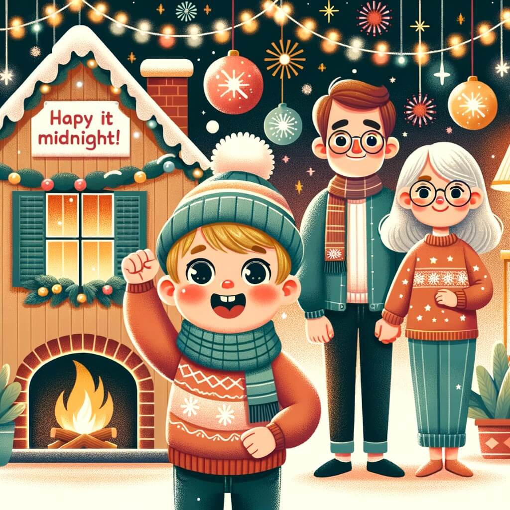 Une illustration pour enfants représentant un petit garçon excité qui veut veiller jusqu'à minuit pour voir les feux d'artifice de la fête du Nouvel An dans le confort de sa maison.