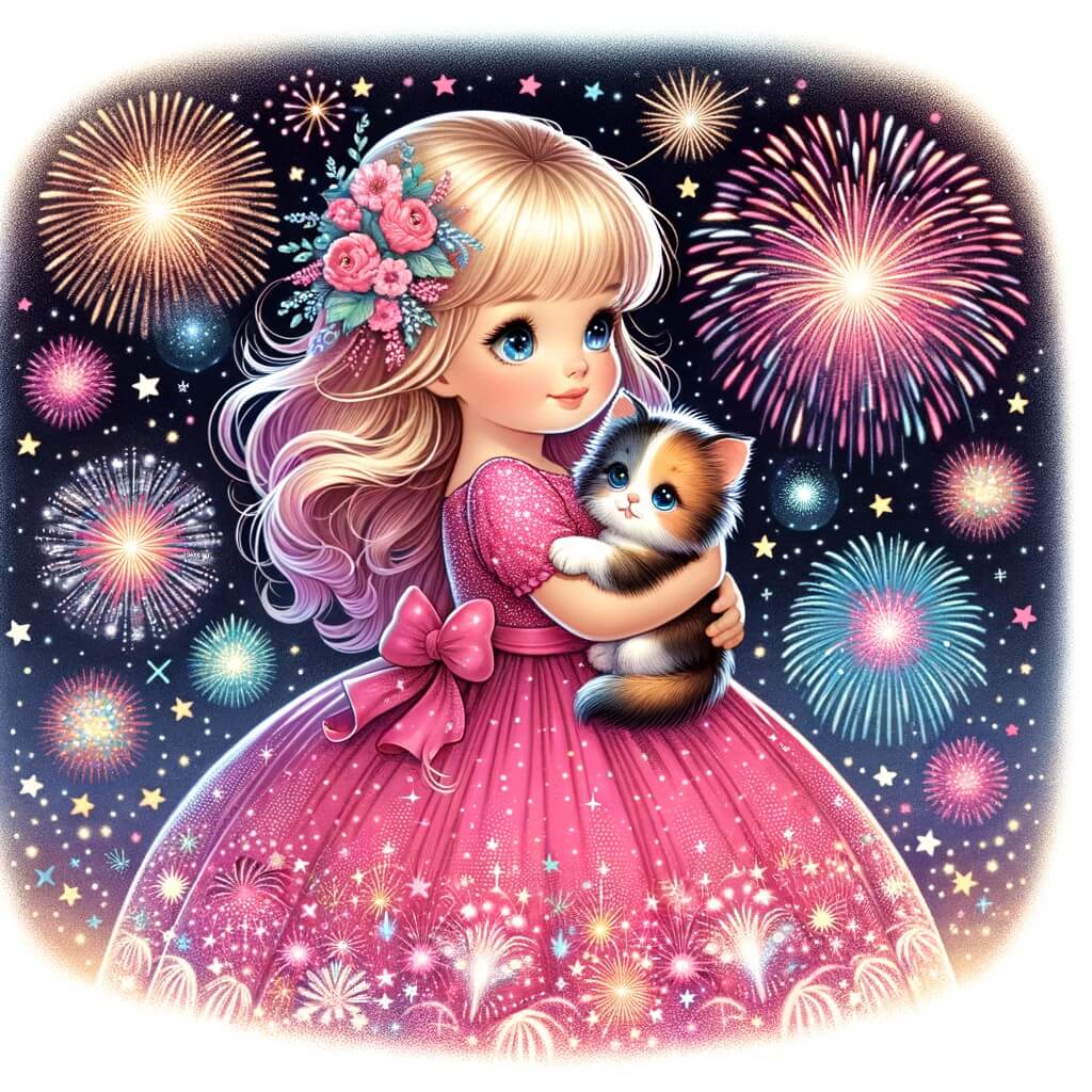Une illustration destinée aux enfants représentant une petite fille vêtue d'une robe rose étincelante, tenant un chaton dans ses bras, s'amusant sous une pluie de feux d'artifice colorés dans une nuit étoilée, lors de la fête du nouvel an.