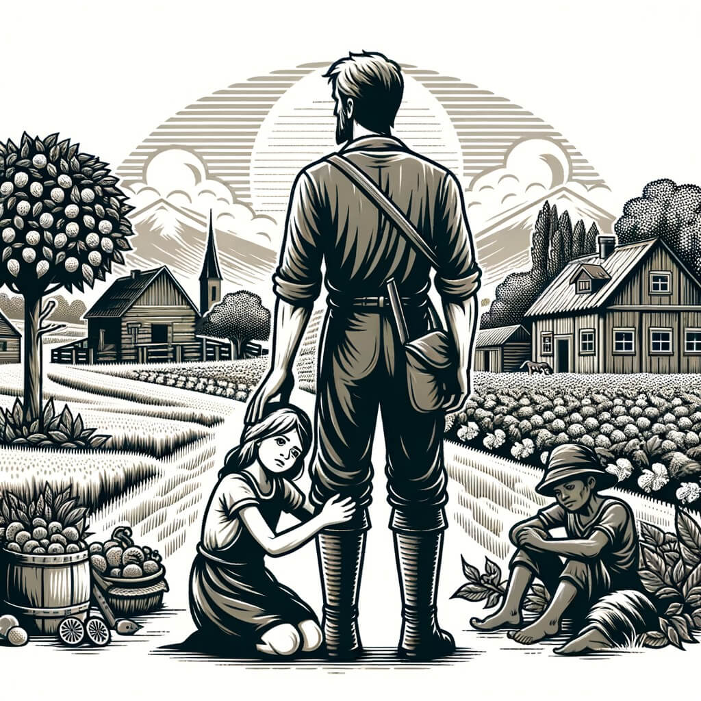 Une illustration destinée aux enfants représentant un homme courageux vivant dans un petit village paisible, confronté à la guerre, accompagné d'une petite fille abandonnée, dans un village verdoyant entouré de champs et d'arbres fruitiers.