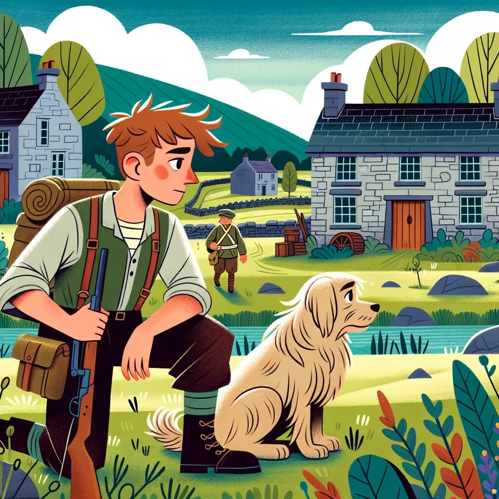 Une illustration destinée aux enfants représentant un jeune homme courageux confronté à la cruauté de la guerre, accompagné d'un ami fidèle, dans un paisible village à la campagne, entouré de maisons en pierre et de champs verdoyants.