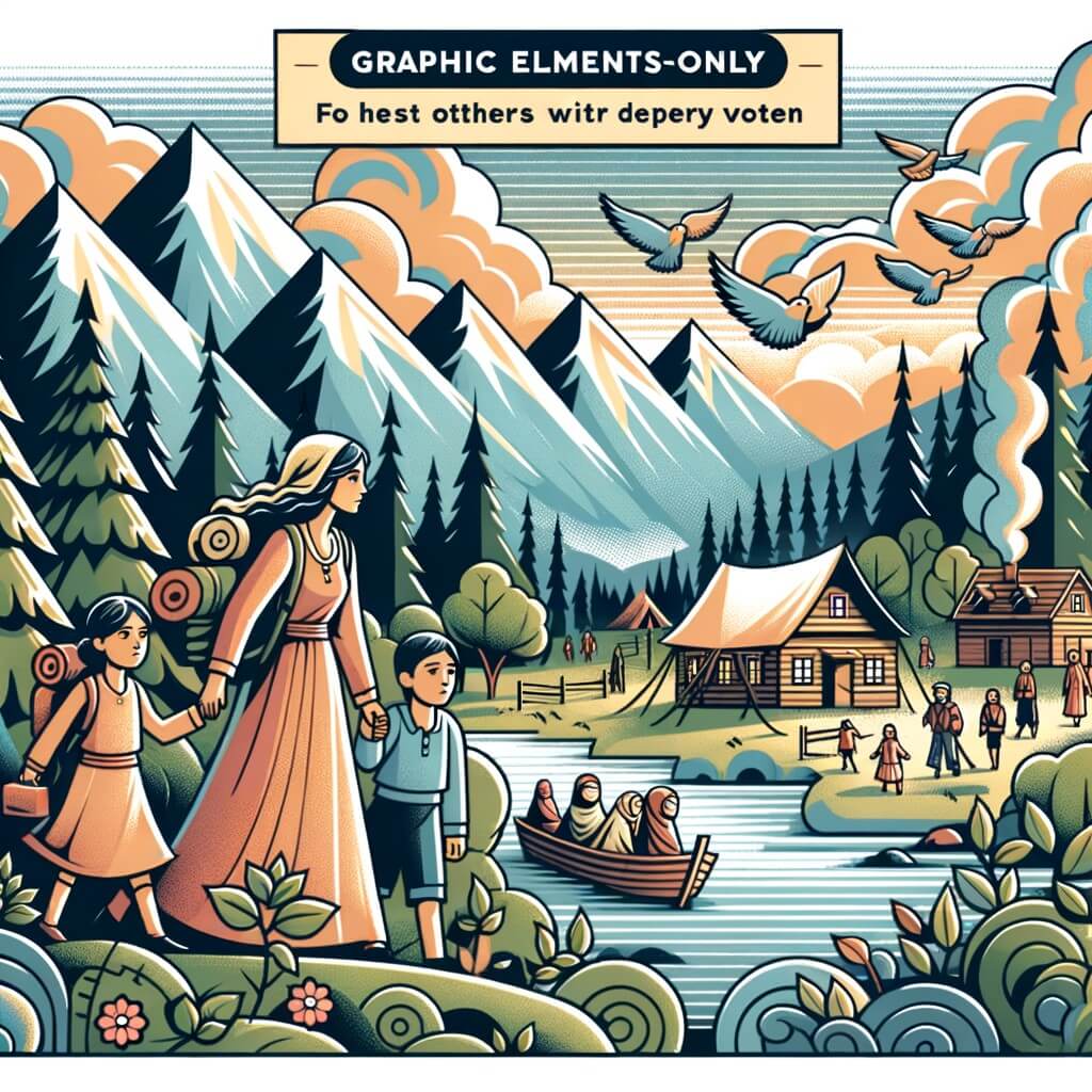Une illustration pour enfants représentant une femme courageuse fuyant la guerre avec sa famille à travers les montagnes et les forêts, cherchant refuge dans une grotte profonde.