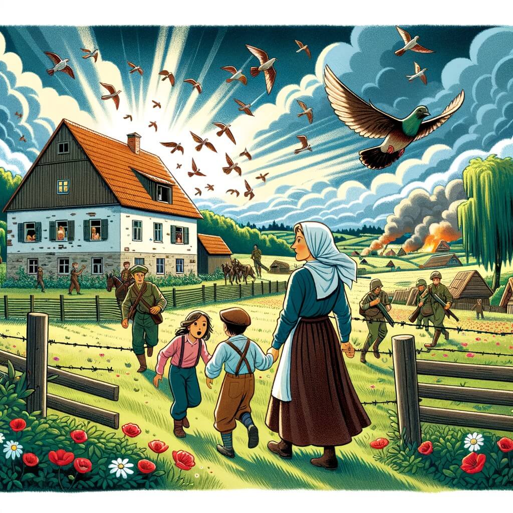 Une illustration destinée aux enfants représentant une femme courageuse, vivant une situation difficile pendant la guerre, accompagnée de sa famille, dans un petit village entouré de champs verdoyants où les oiseaux chantent joyeusement.
