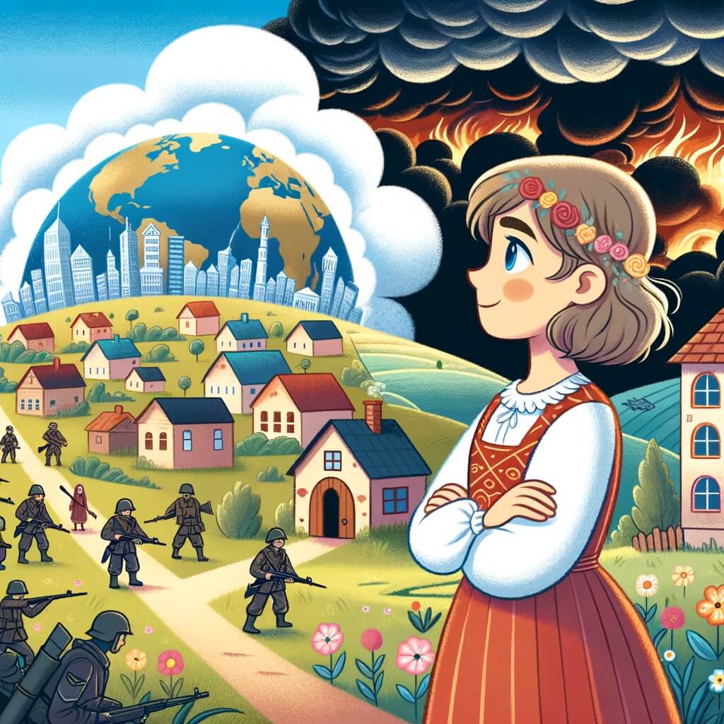 Une illustration destinée aux enfants représentant une femme courageuse et bienveillante, se tenant au milieu d'un village coloré et paisible, tandis qu'une guerre éclate dans un pays voisin, avec en arrière-plan des nuages sombres et menaçants.