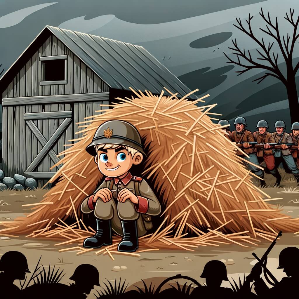 Une illustration destinée aux enfants représentant un jeune homme courageux, vêtu d'un uniforme militaire, se cachant derrière une pile de paille dans une grange abandonnée, pendant la guerre, entouré de soldats ennemis, dans un paysage sombre et menaçant avec des arbres dénudés et un ciel nuageux.