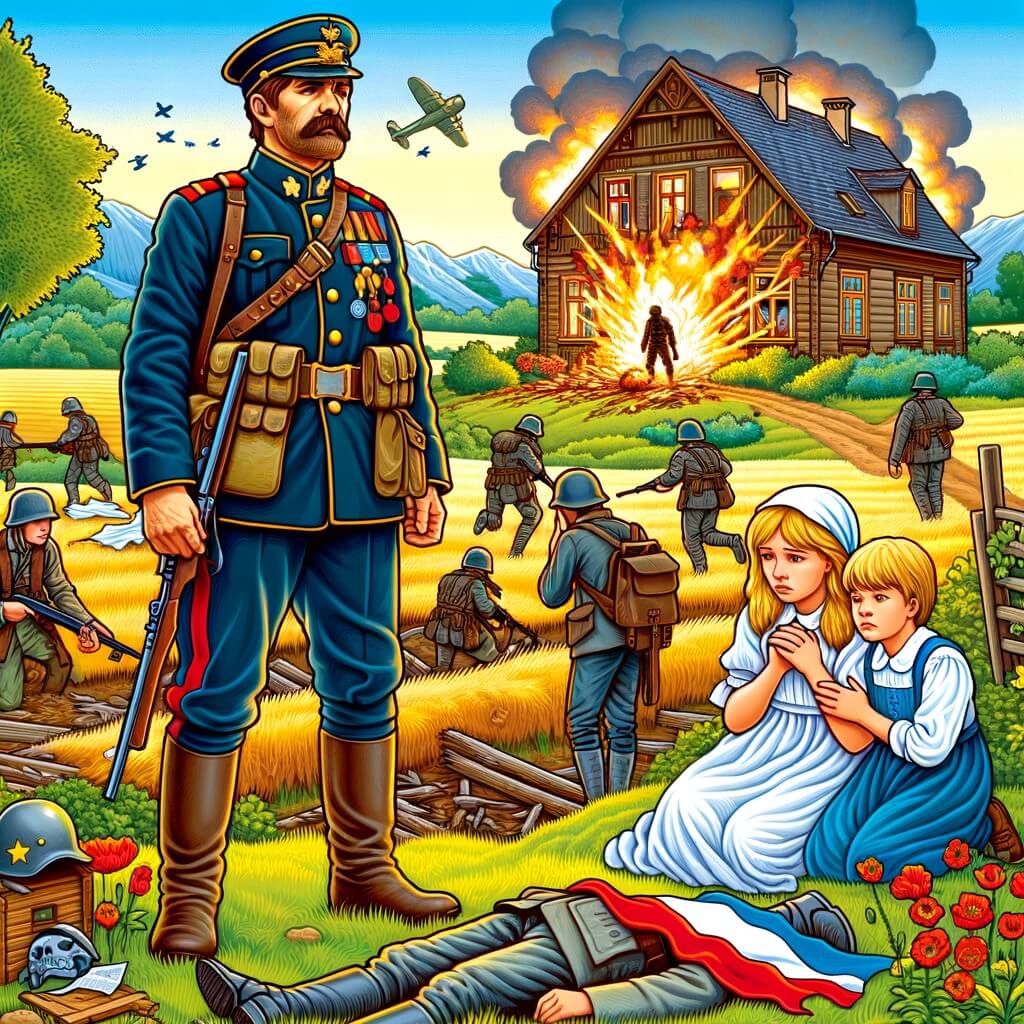 Une illustration pour enfants représentant un soldat courageux avec une barbe noire épaisse, qui combat dans une guerre lointaine, dans un petit village de campagne.