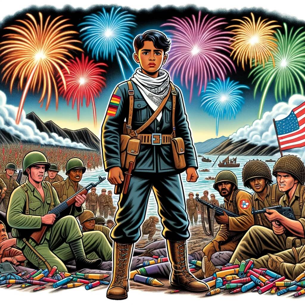 Une illustration pour enfants représentant un jeune homme courageux qui part à la guerre pour défendre son pays, dans un petit village à la campagne.
