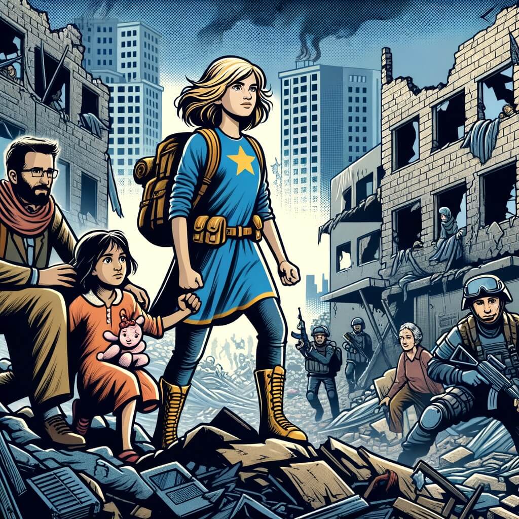 Une illustration destinée aux enfants représentant une jeune femme courageuse, plongée dans une guerre dévastatrice, accompagnée d'une famille de réfugiés, dans une ville en ruines avec des bâtiments détruits et des soldats armés.