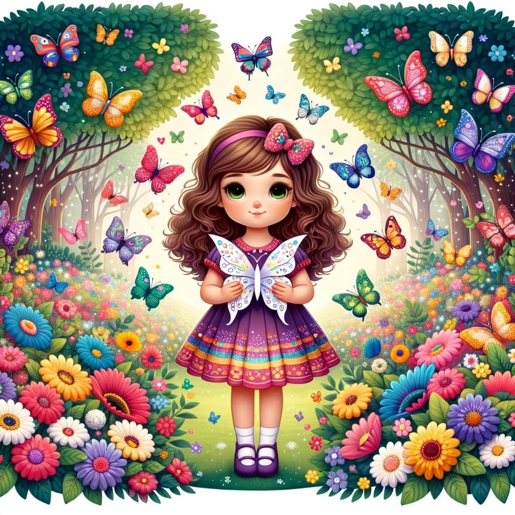 Une illustration destinée aux enfants représentant une petite fille aux cheveux bruns bouclés, vêtue d'une robe colorée, tenant un papillon en papier dans ses mains, entourée de papillons multicolores, dans un jardin enchanté rempli de fleurs aux couleurs éclatantes et d'arbres majestueux.