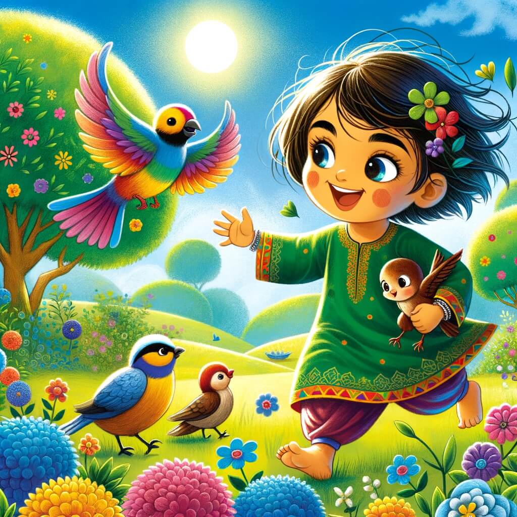 Une illustration pour enfants représentant une petite fille curieuse et pleine d'amour, confrontée à la perte d'un être cher, dans un parc enchanté.