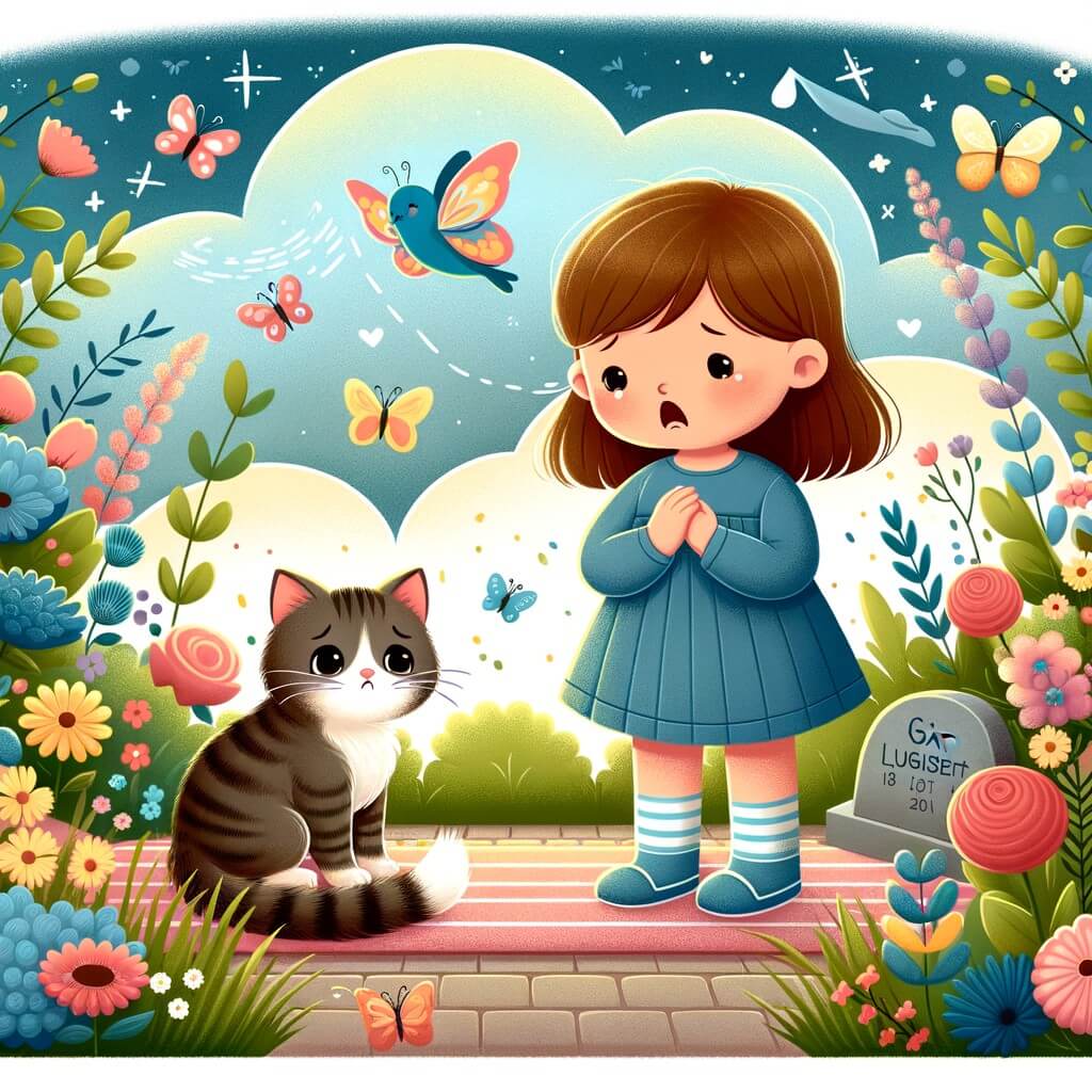 Une illustration destinée aux enfants représentant une petite fille triste, accompagnée de son chat, confrontée à la mort de son animal de compagnie bien-aimé dans un jardin fleuri entouré de papillons et d'oiseaux chantant.