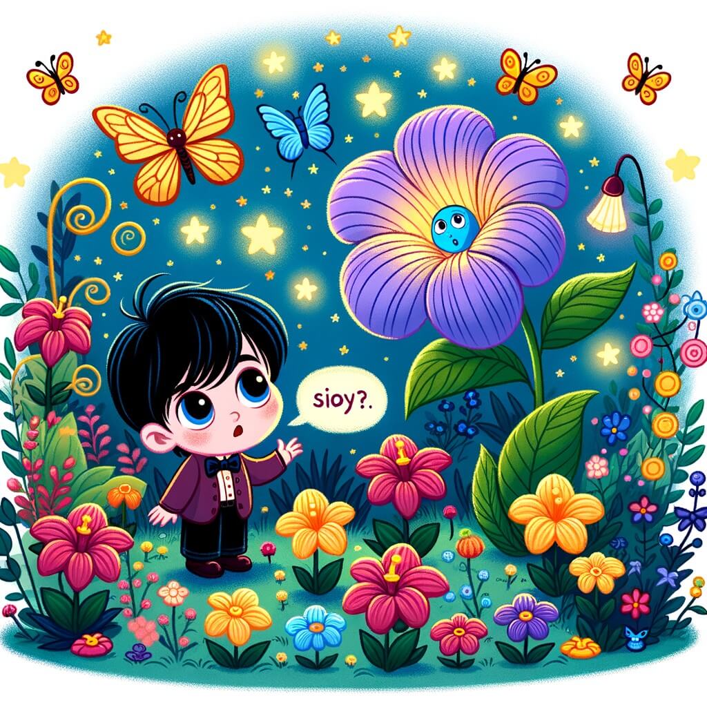 Une illustration pour enfants représentant un petit garçon curieux qui découvre un jardin mystérieux rempli de fleurs colorées, où chaque pétale évoque une leçon de vie, dans un monde enchanté.