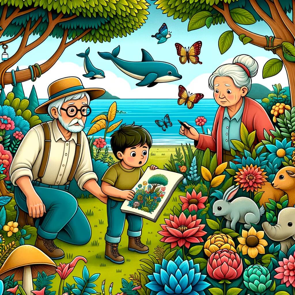 Une illustration pour enfants représentant un jeune garçon vivant une aventure émouvante au sein d'un jardin magique où il découvre le pouvoir de l'amour et des souvenirs, malgré la présence de la tombe de son grand-père.