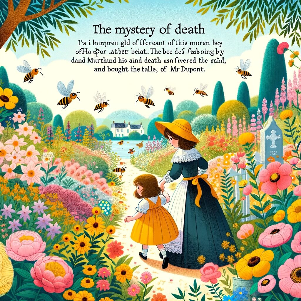 Une illustration pour enfants représentant une petite fille curieuse découvrant le mystère de la mort dans un jardin enchanteur.