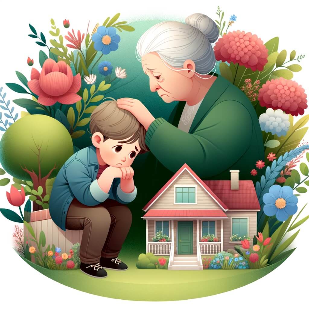 Une illustration destinée aux enfants représentant un petit garçon solitaire, confronté à la perte d'un être cher, accompagné d'une grand-mère aimante, dans une maison entourée d'un jardin fleuri et d'un parc verdoyant où se joue le bonheur.