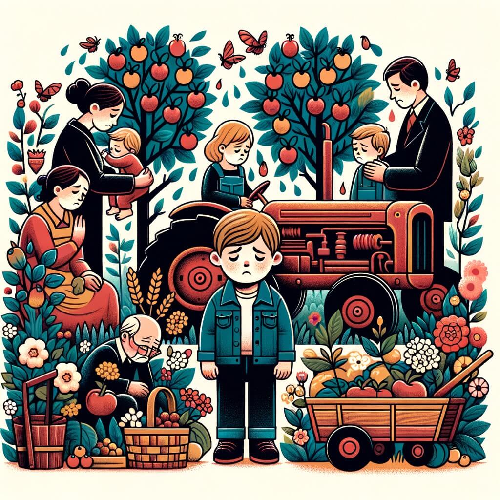 Une illustration destinée aux enfants représentant un petit garçon triste, entouré d'une famille en deuil, se remémorant les souvenirs avec son grand-papa au milieu d'un jardin fleuri avec des arbres fruitiers et un vieux tracteur rouillé dans un coin.