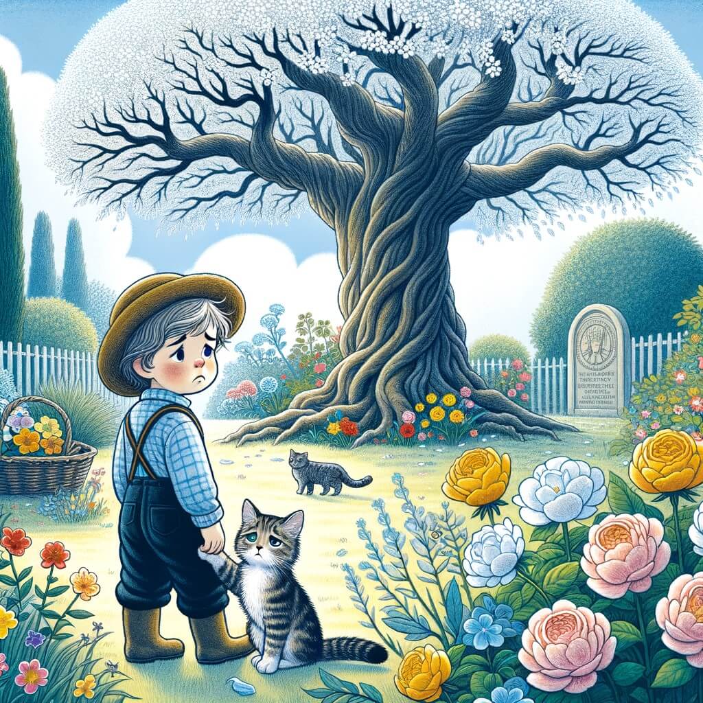Une illustration destinée aux enfants représentant un petit garçon triste, accompagné d'un chat, dans un jardin fleuri avec un arbre majestueux, évoquant la perte et la façon dont il apprend à faire face à la mort.