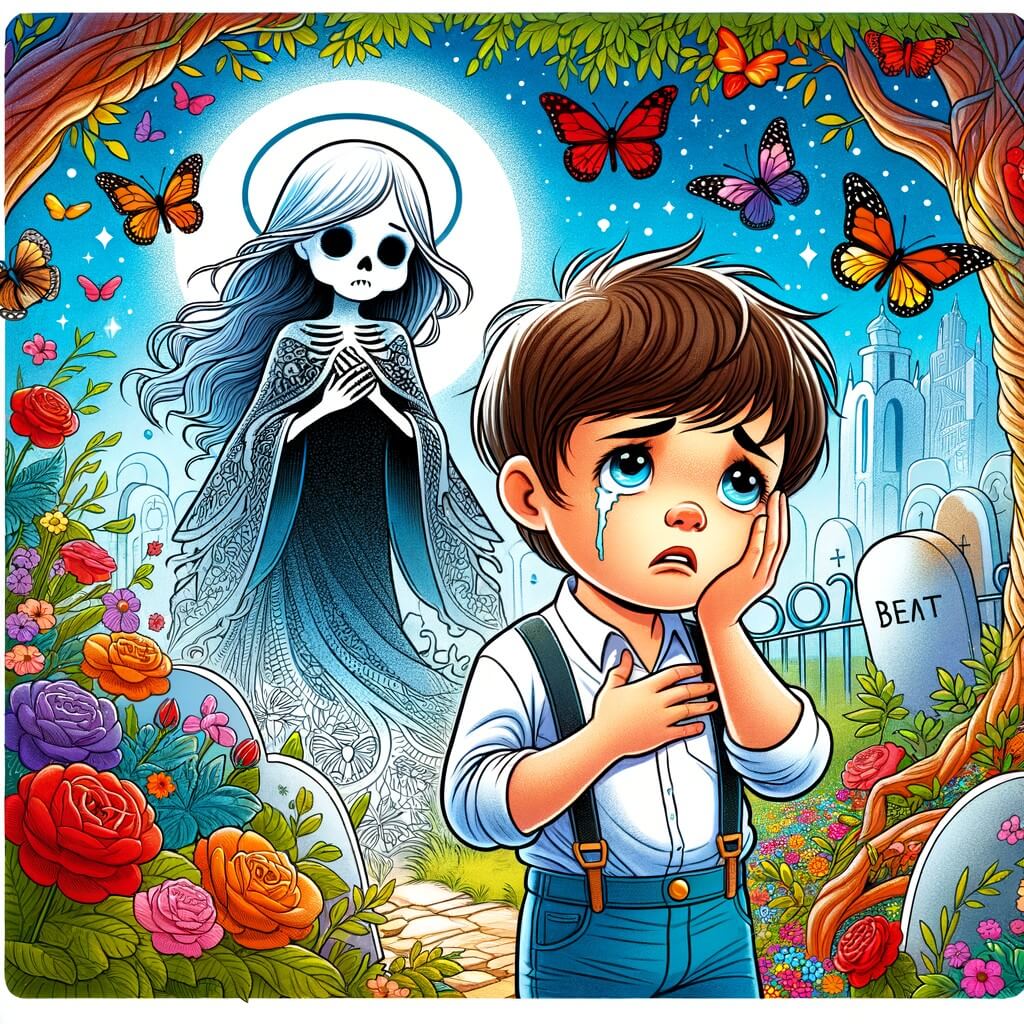 Une illustration destinée aux enfants représentant un petit garçon, le cœur lourd, confronté à la réalité de la mort, accompagné d'une mystérieuse petite fille, dans un jardin coloré où les papillons virevoltent joyeusement.