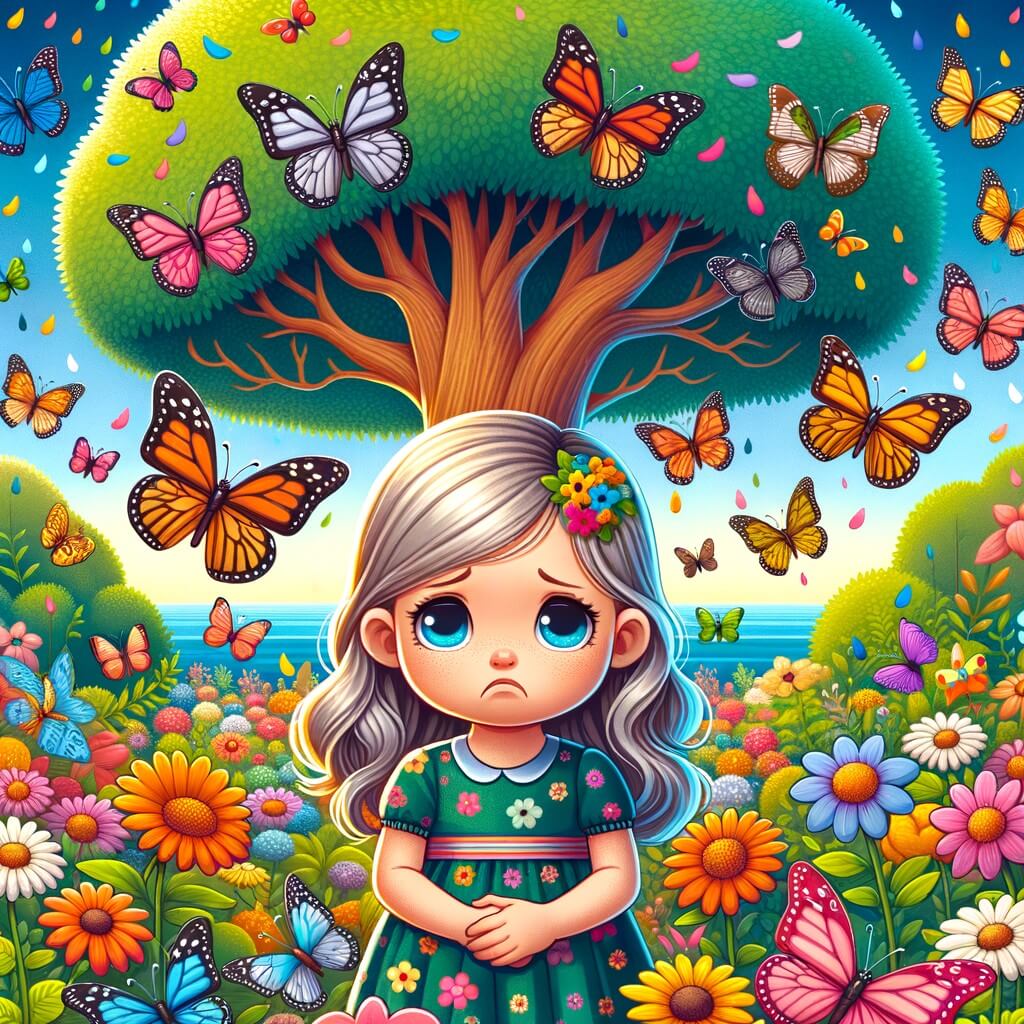 Une illustration destinée aux enfants représentant une petite fille triste, entourée de papillons colorés, qui se trouve dans un jardin fleuri avec un arbre majestueux au centre.