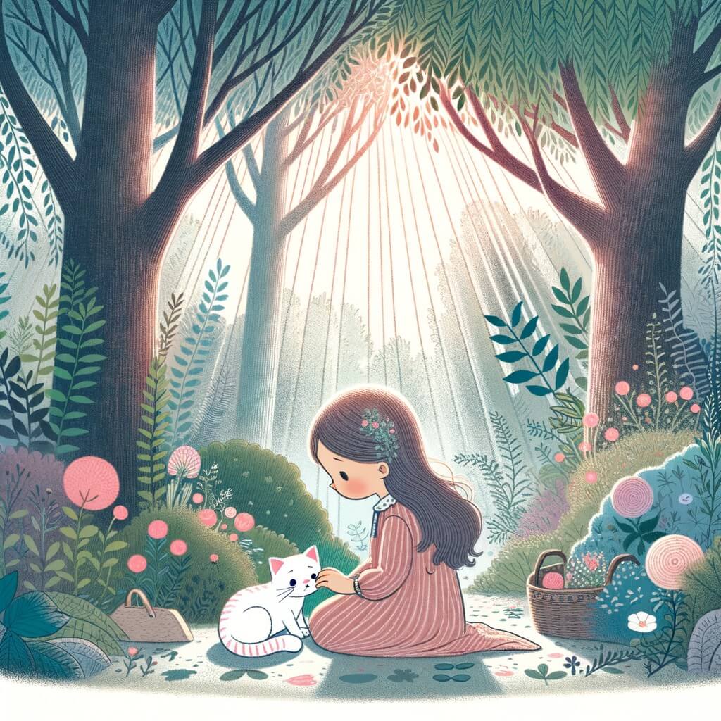 Une illustration destinée aux enfants représentant une petite fille triste, accompagnée de son chat malade, dans un jardin fleuri où les rayons du soleil se faufilent à travers les arbres majestueux.