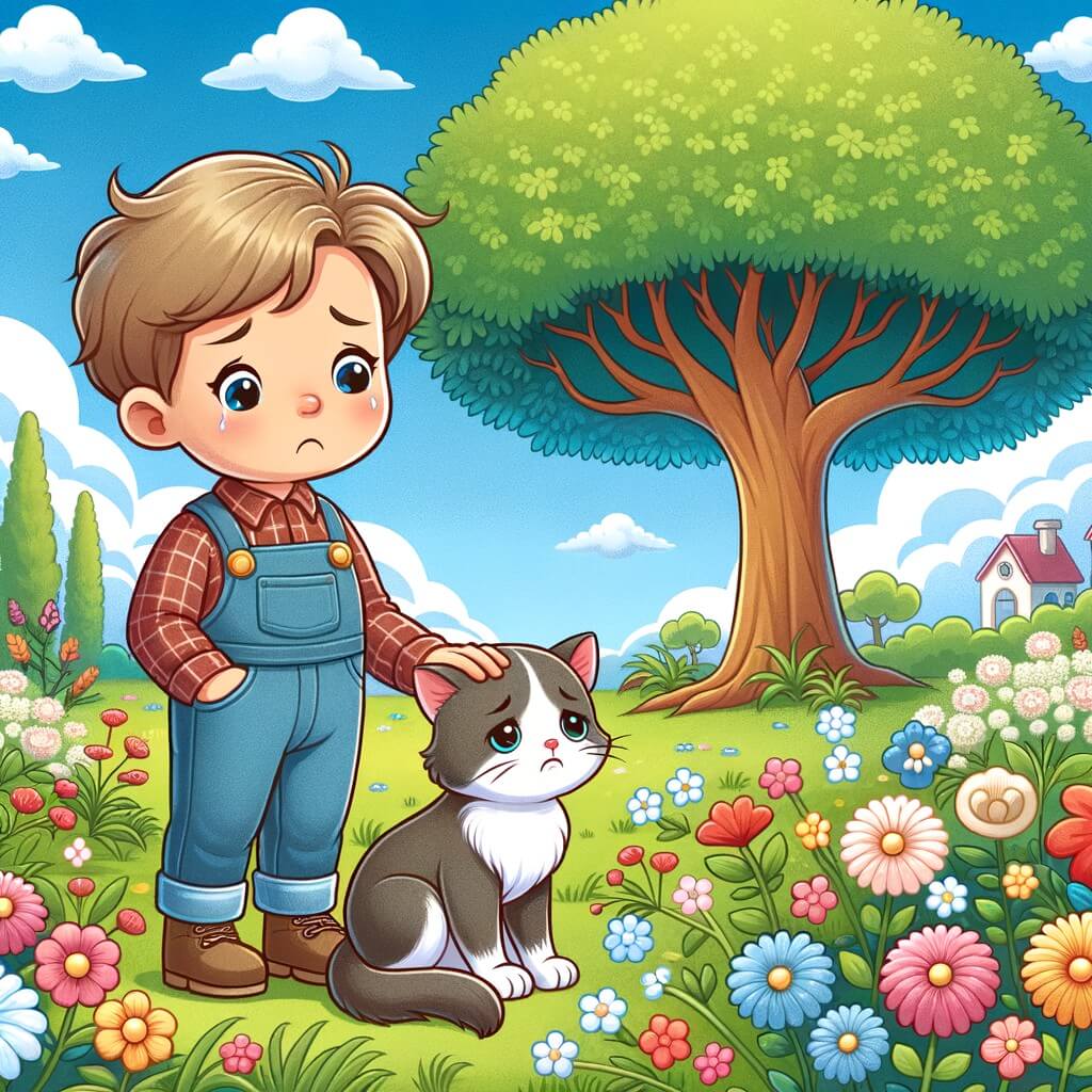 Une illustration destinée aux enfants représentant un petit garçon triste, accompagné de son chat, faisant face à la perte de son compagnon dans un jardin fleuri avec un arbre majestueux, sous un ciel bleu parsemé de nuages blancs.