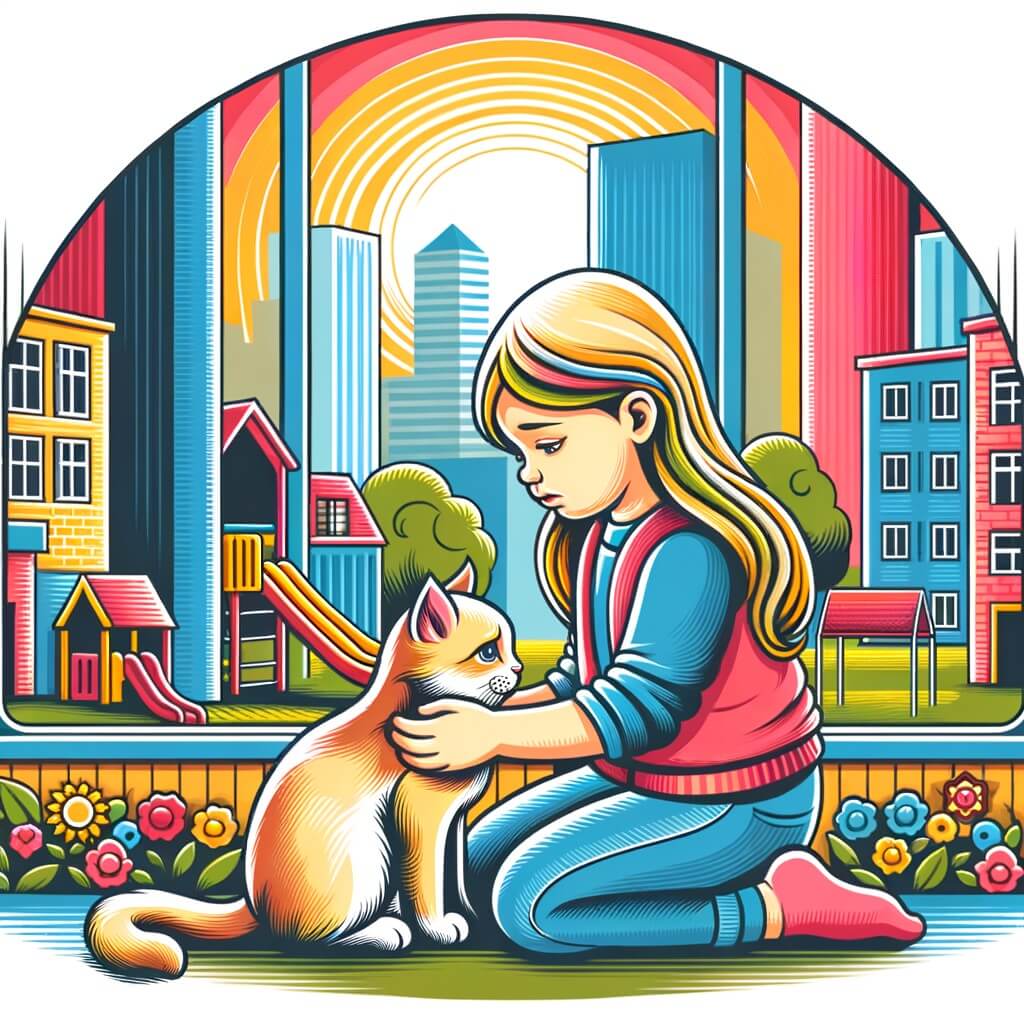 Une illustration destinée aux enfants représentant une petite fille solitaire, confrontée à la mort de son chaton adoré, accompagnée de sa mère aimante, dans un appartement au centre-ville avec une cour de récréation colorée en arrière-plan.