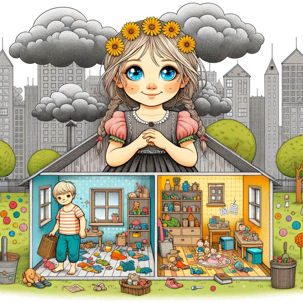 Une illustration destinée aux enfants représentant une petite fille aux yeux pétillants, entourée de nuages gris symbolisant la pauvreté, accompagnée de son petit frère, dans un appartement coloré mais modeste, avec des jouets bricolés et des livres usés, situé dans une ville animée où les enfants jouent dans un parc verdoyant.