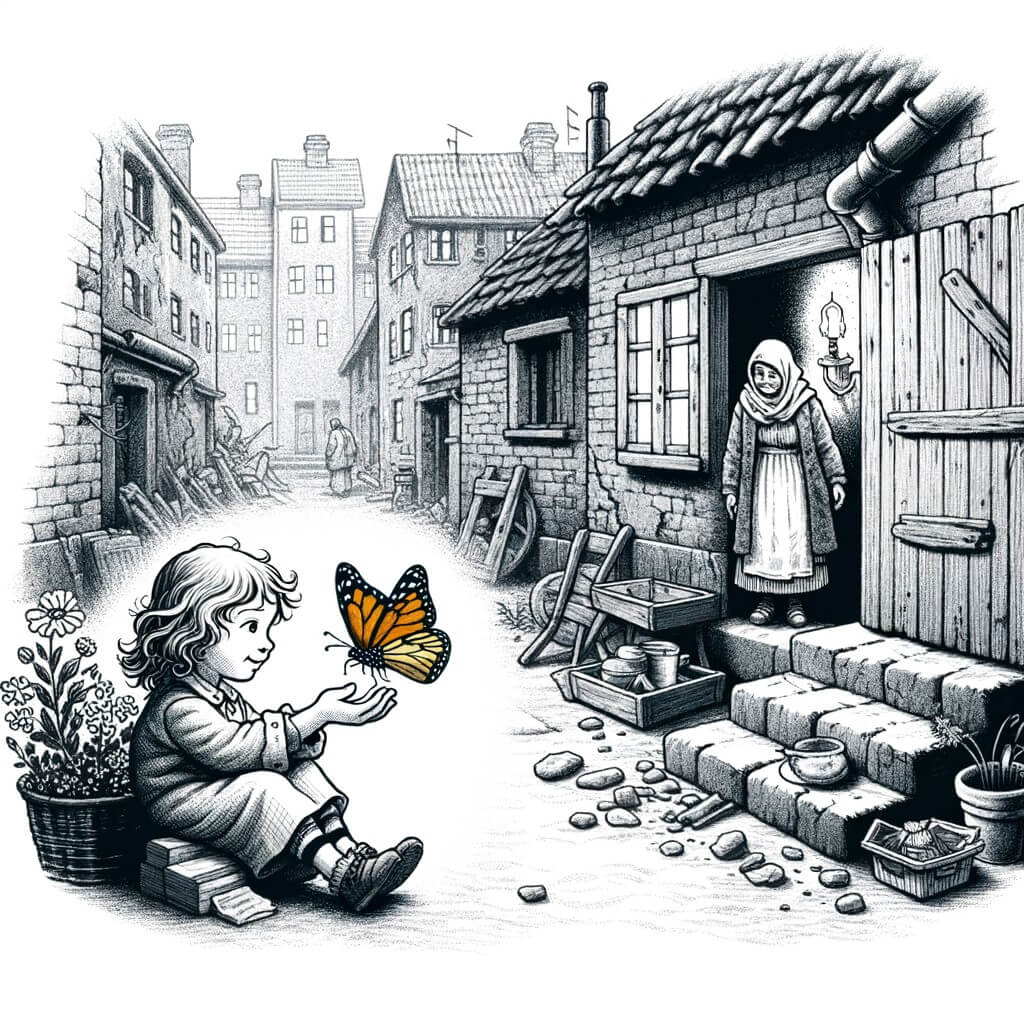 Une illustration destinée aux enfants représentant une petite fille aux vêtements usés, vivant dans un petit appartement sombre d'une ruelle pauvre, qui trouve un papillon blessé et décide de le soigner avec l'aide de sa mère.