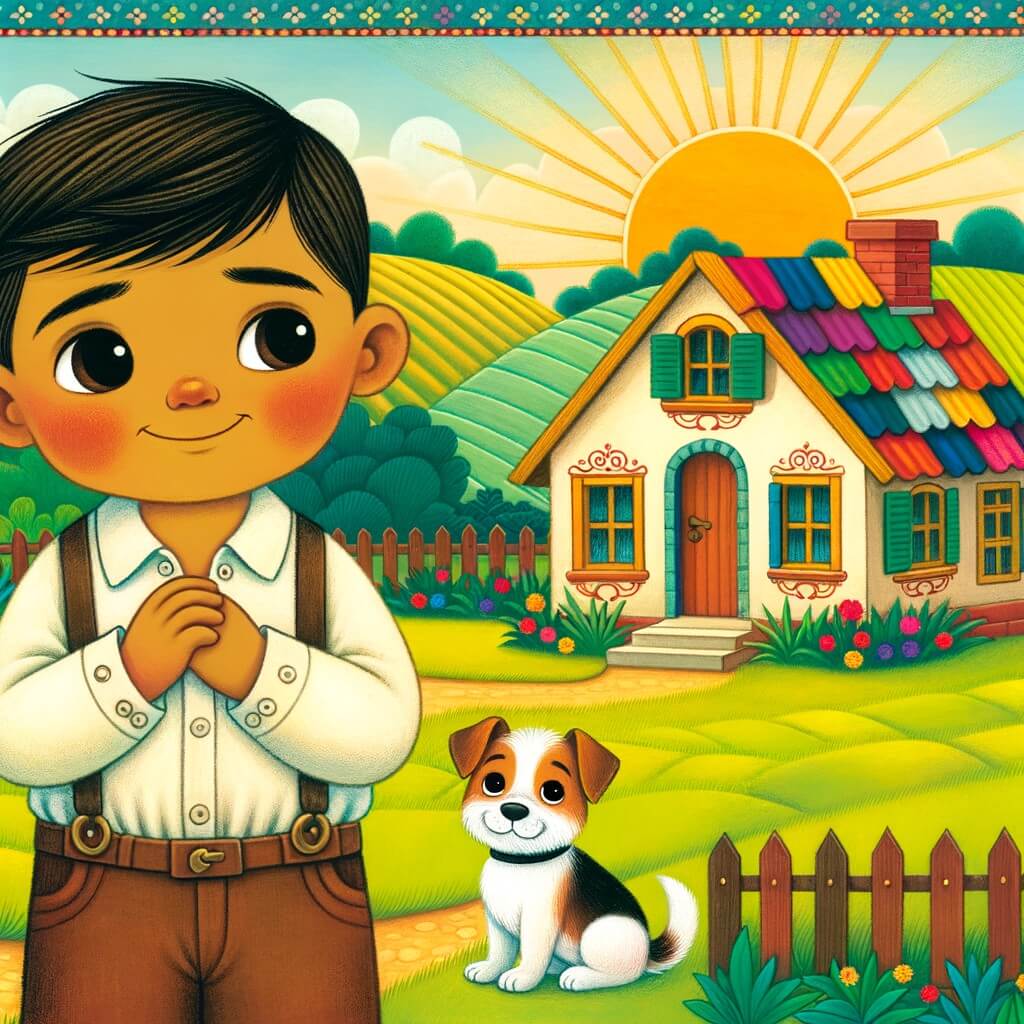 Une illustration pour enfants représentant un petit garçon courageux luttant contre la pauvreté dans une petite ville tranquille.