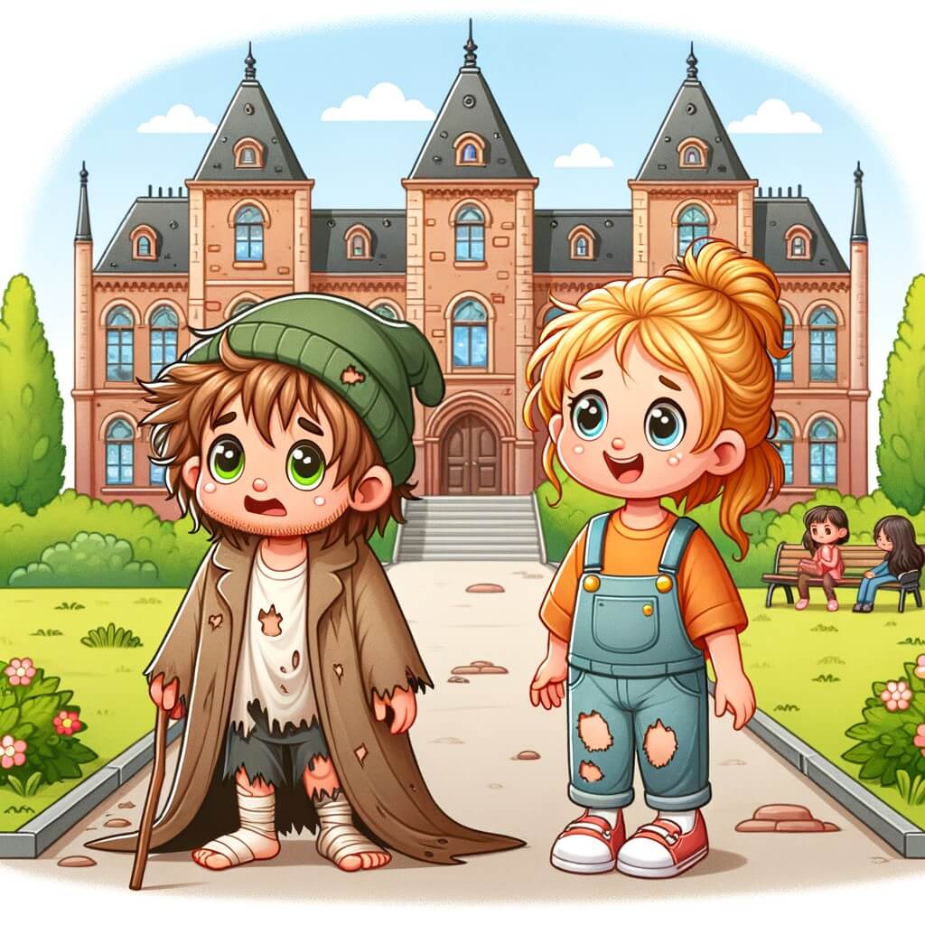 Une illustration destinée aux enfants représentant une petite fille aux cheveux en désordre, vêtue de vêtements usés, qui fait face à l'adversité de la pauvreté, accompagnée d'un ami timide et réservé, dans une école aux bâtiments majestueux entourés de jardins luxuriants.