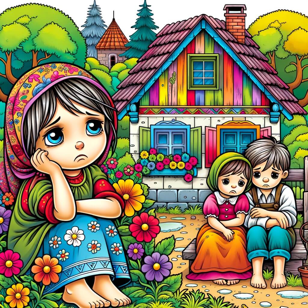 Une illustration destinée aux enfants représentant une petite fille au sourire triste, vivant dans une petite maison aux murs colorés, entourée de fleurs et d'arbres, avec une maman fatiguée et un petit frère plein de vie, tous deux luttant contre les difficultés financières.