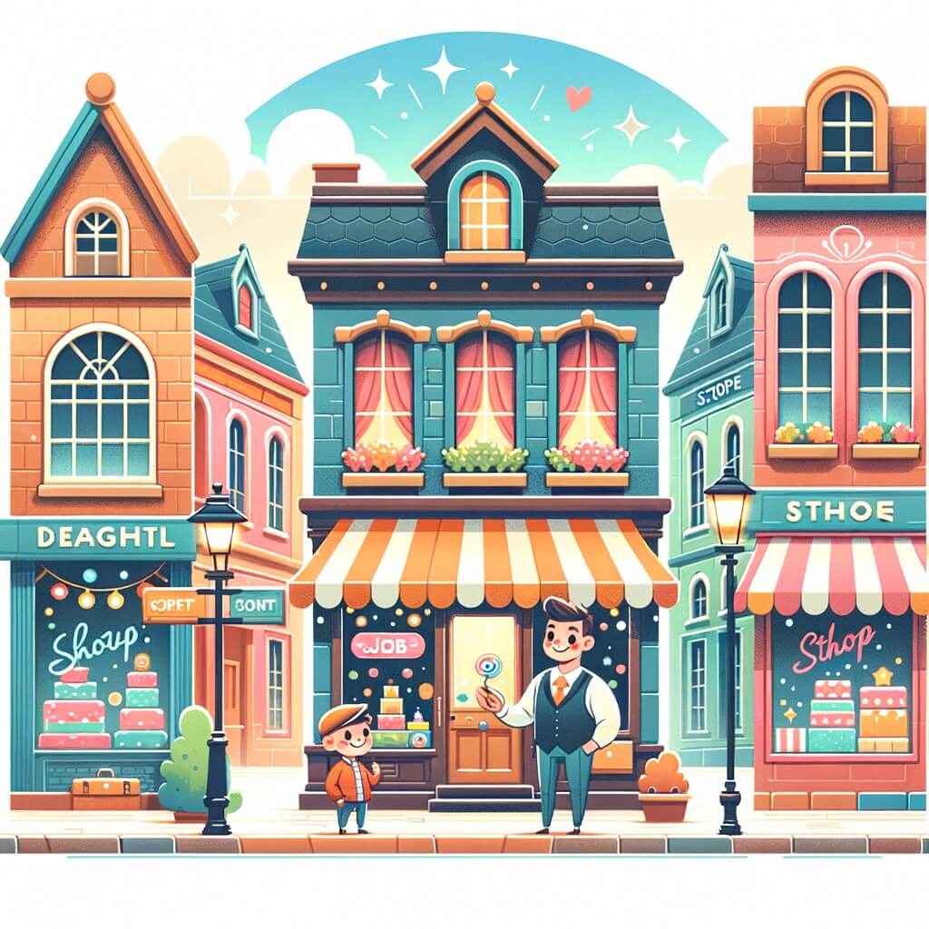 Une illustration pour enfants représentant un petit garçon déterminé à aider sa famille, travaillant dans un magasin pour subvenir aux besoins de sa maman, dans un quartier pauvre de la ville.