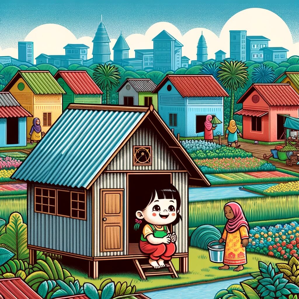 Une illustration destinée aux enfants représentant une petite fille au cœur généreux, vivant dans une maison modeste au toit de tôle ondulée, entourée de champs verdoyants et de maisons colorées dans un quartier pauvre et animé.