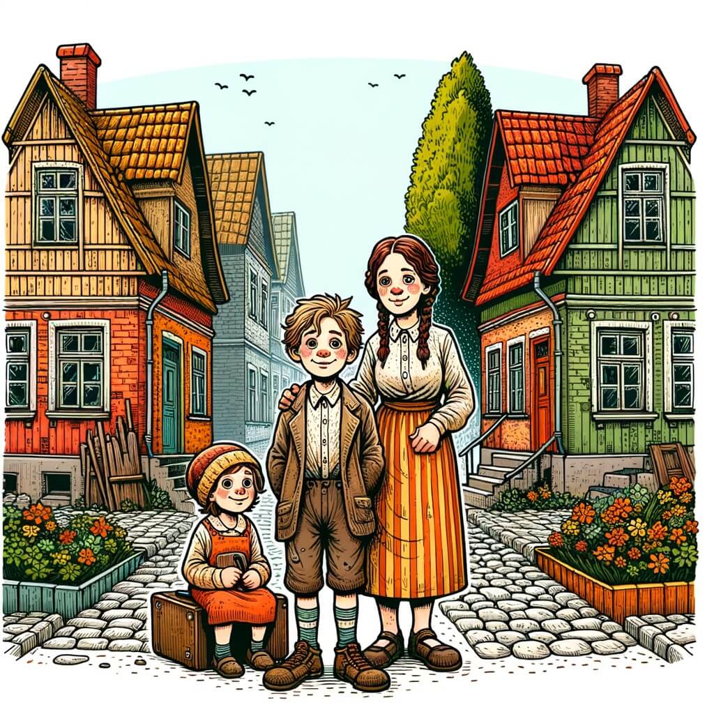 Une illustration destinée aux enfants représentant un petit garçon aux vêtements usés, vivant dans une maison vieille et petite avec sa mère et sa petite sœur, dans un quartier avec des maisons colorées aux toits en pente, entouré de rues pavées et d'arbres verdoyants.