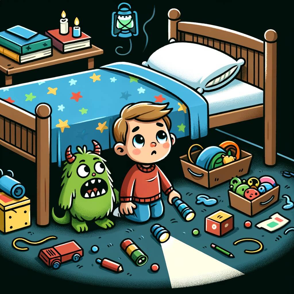 Une illustration pour enfants représentant un petit garçon terrifié par l'obscurité de sa chambre, qui découvre un ami inattendu sous son lit, dans une histoire sur la peur du noir.